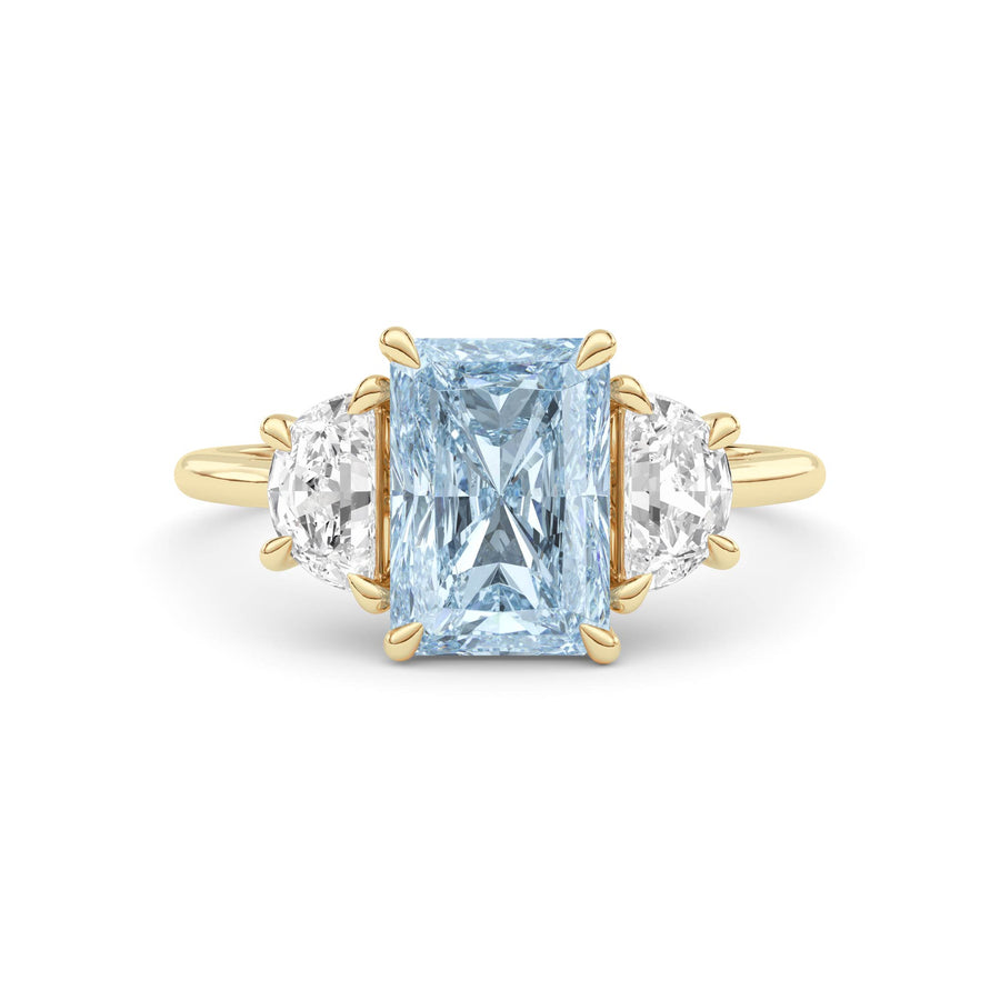 Yellow gold Three-Stone Fancy Blue Radiant Cut Diamond Ring with Half Moon Side Stones