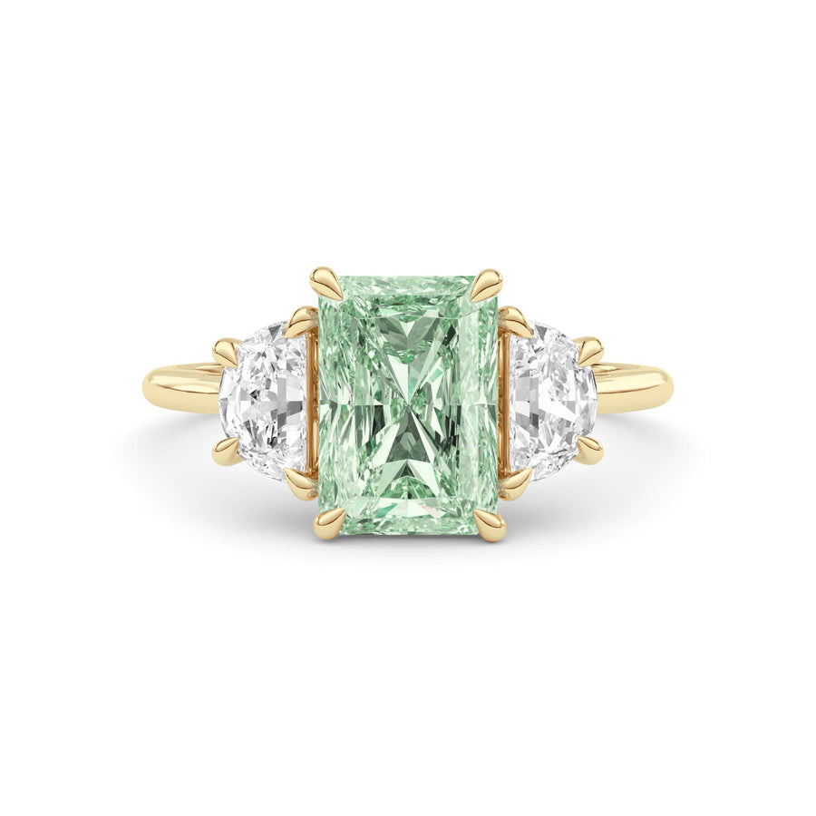 Yellow gold Three-Stone Fancy Green Radiant Cut Diamond Ring with Half Moon Side Stones