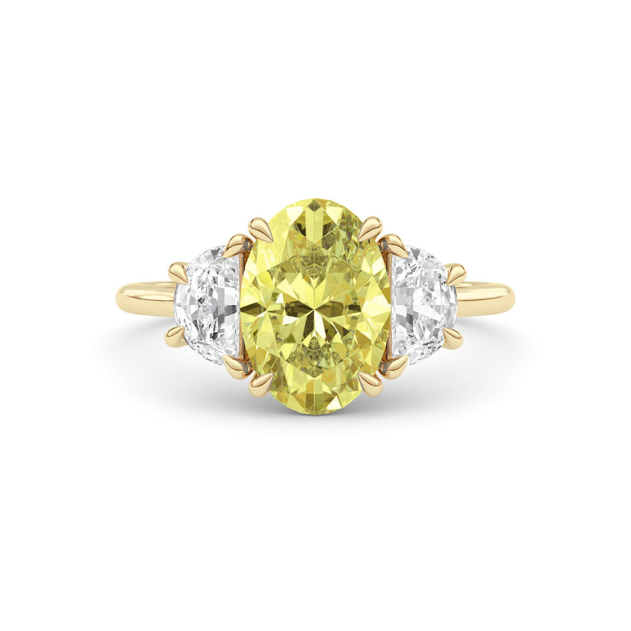 Yellow gold Three-Stone Fancy Yellow Oval Cut Diamond Ring with Half Moon Side Stones