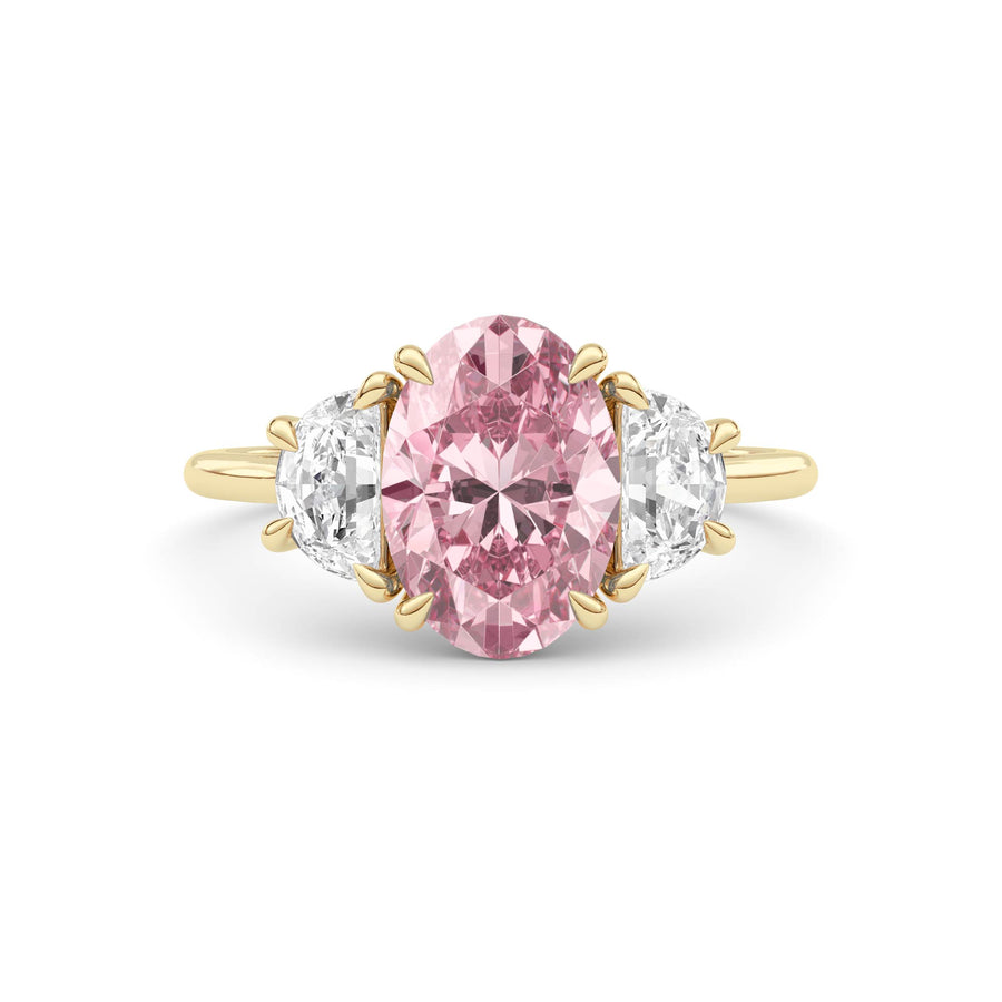 Yellow gold Three-Stone Fancy Pink Oval Cut Diamond Ring with Half Moon Side Stones
