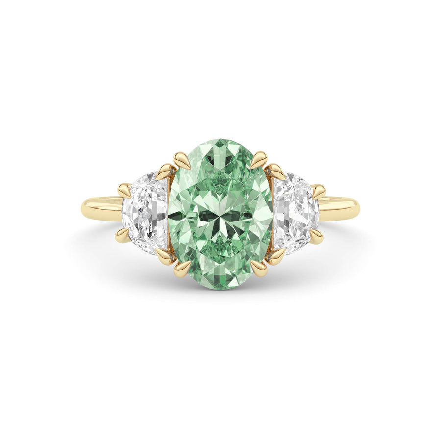 Yellow gold Three-Stone Fancy Green Oval Cut Diamond Ring with Half Moon Side Stones
