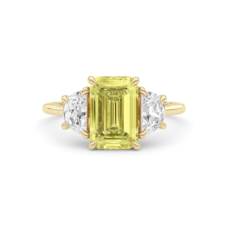 Yellow gold Three-Stone Fancy Yellow Emerald Cut Diamond Ring with Half Moon Side Stones