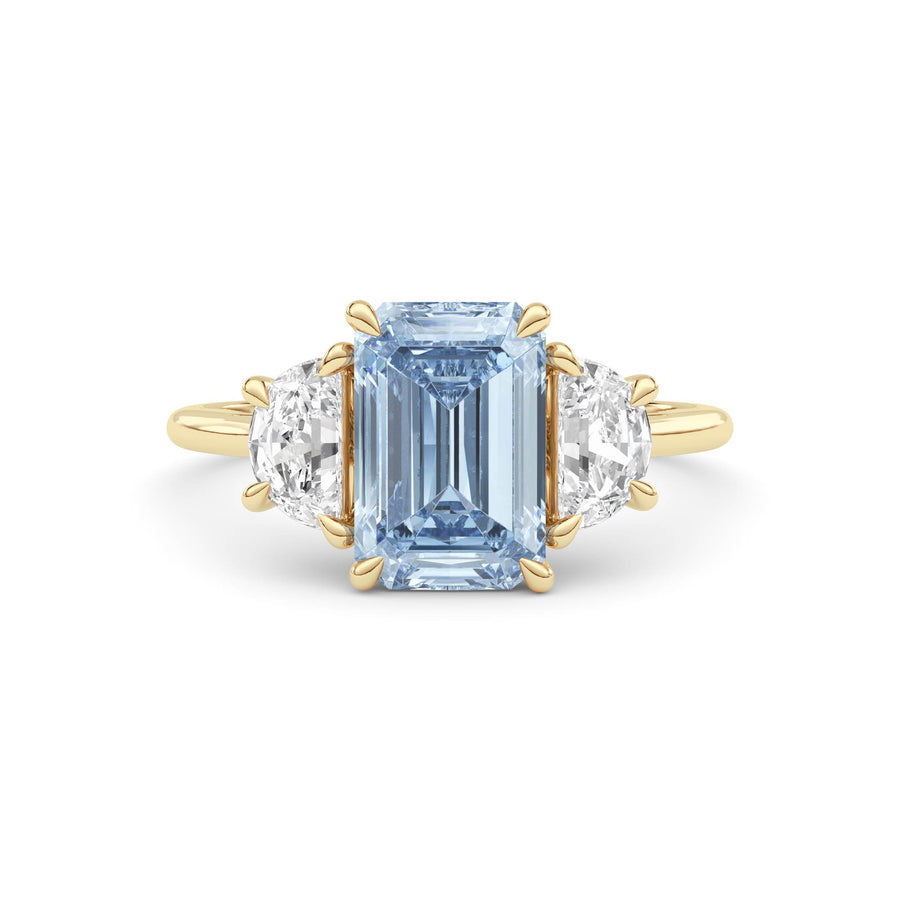 Yellow gold Three-Stone Fancy Blue Emerald Cut Diamond Ring with Half Moon Side Stones