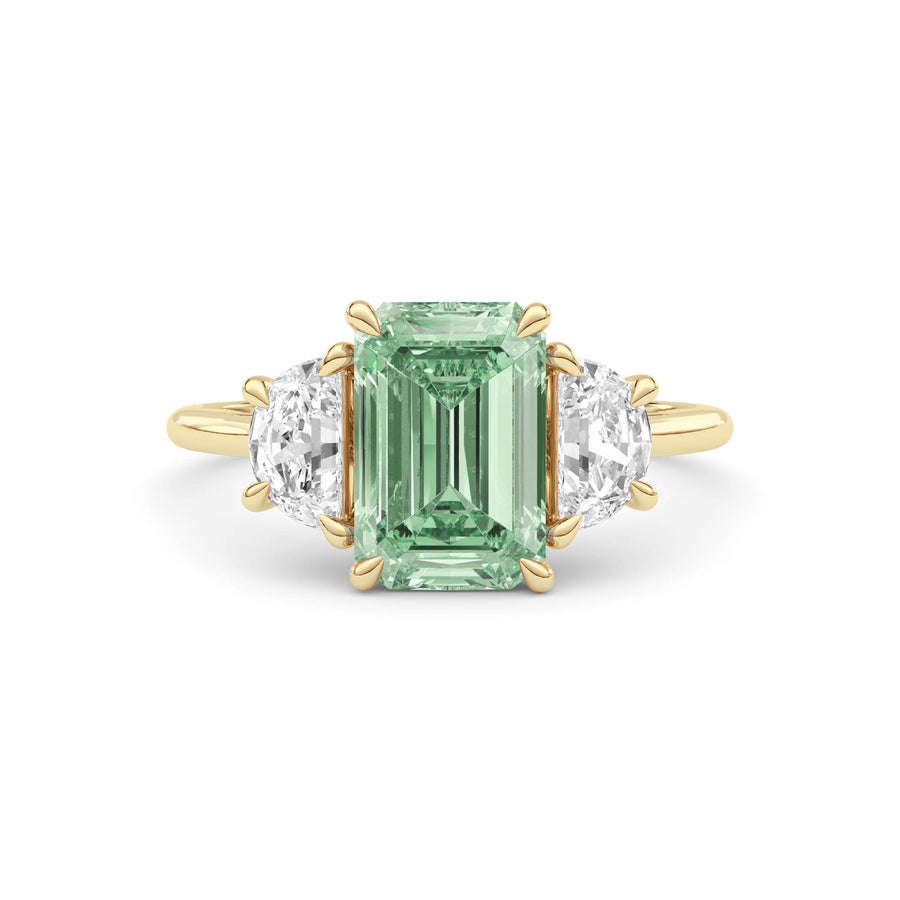 Yellow gold Three-Stone Fancy Green Emerald Cut Diamond Ring with Half Moon Side Stones