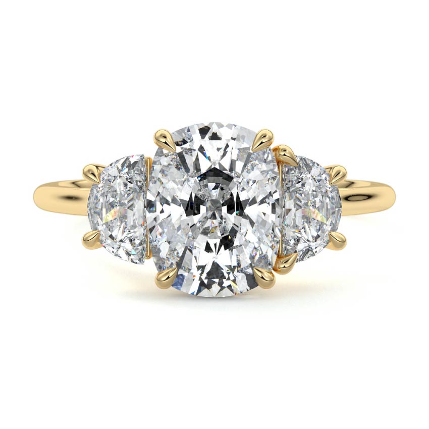 Yellow gold Three-Stone Cushion Diamond Ring with Half Moon Side Stones