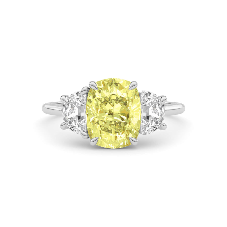 Yellow gold Three-Stone Fancy Yellow Cushion Cut Diamond Ring with Half Moon Side Stones