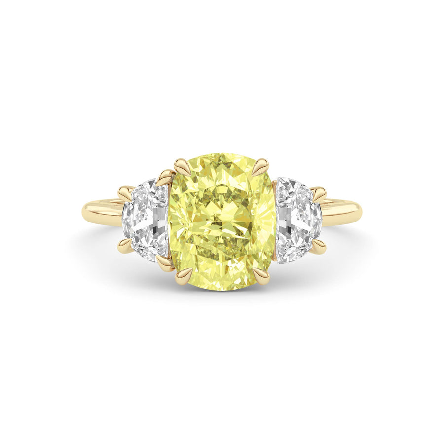 Yellow gold Three-Stone Fancy Yellow Cushion Cut Diamond Ring with Half Moon Side Stones