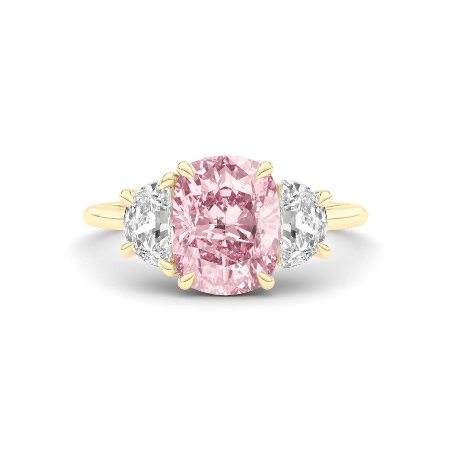 Yellow gold Three-Stone Fancy Pink Cushion Cut Diamond Ring with Half Moon Side Stones
