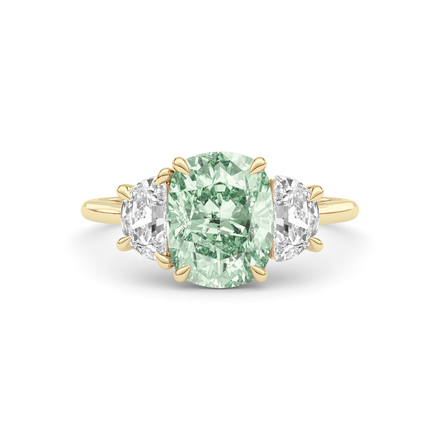 Yellow gold Three-Stone Fancy Green Cushion Cut Diamond Ring with Half Moon Side Stones