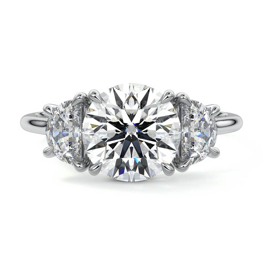 White gold Three-Stone Round Diamond Ring with Half Moon Side Stones