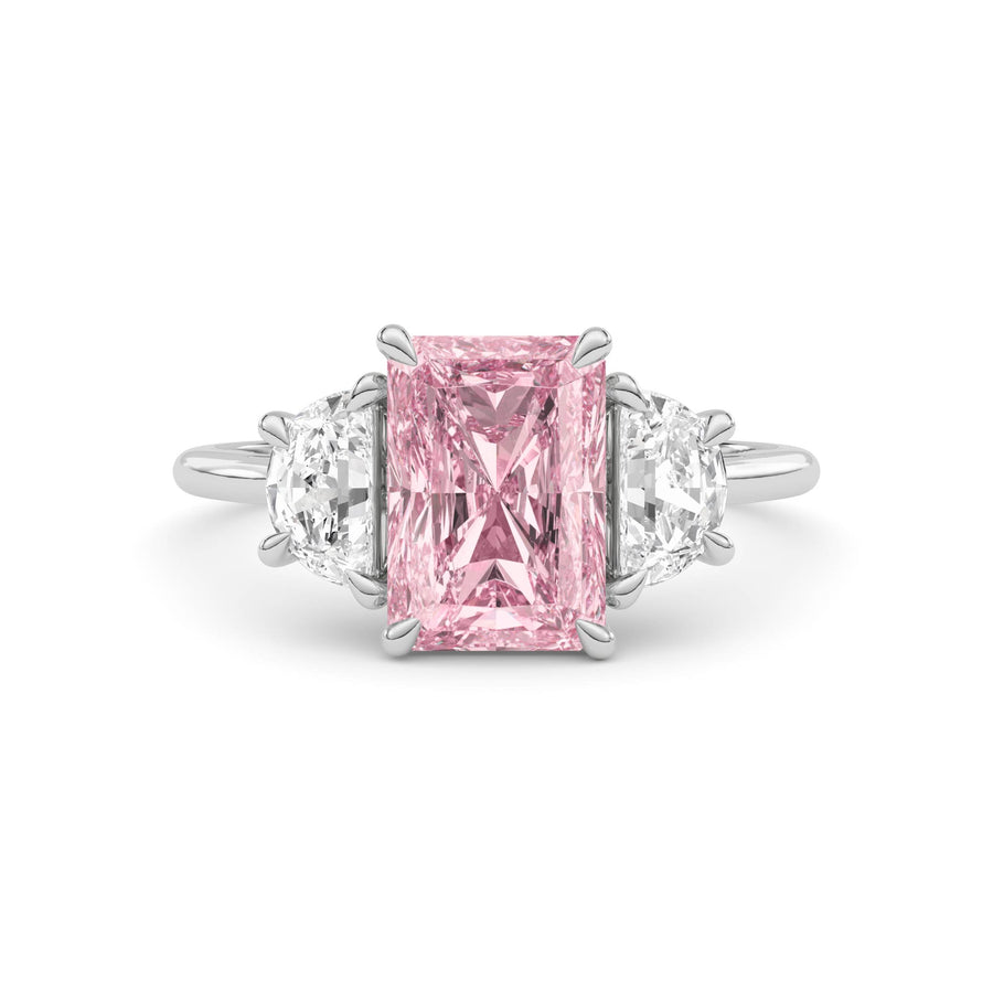 White gold Three-Stone Fancy Pink Radiant Cut Diamond Ring with Half Moon Side Stones
