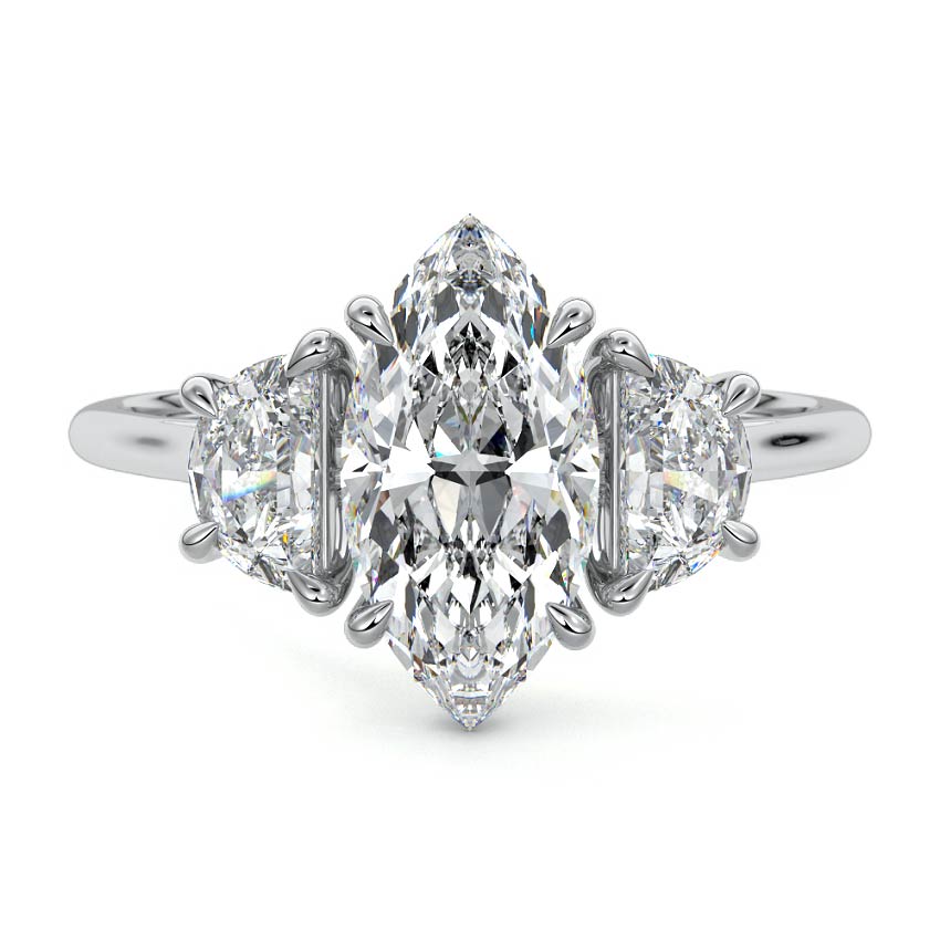 White gold Three-Stone Marquise Diamond Ring with Half Moon Side Stones
