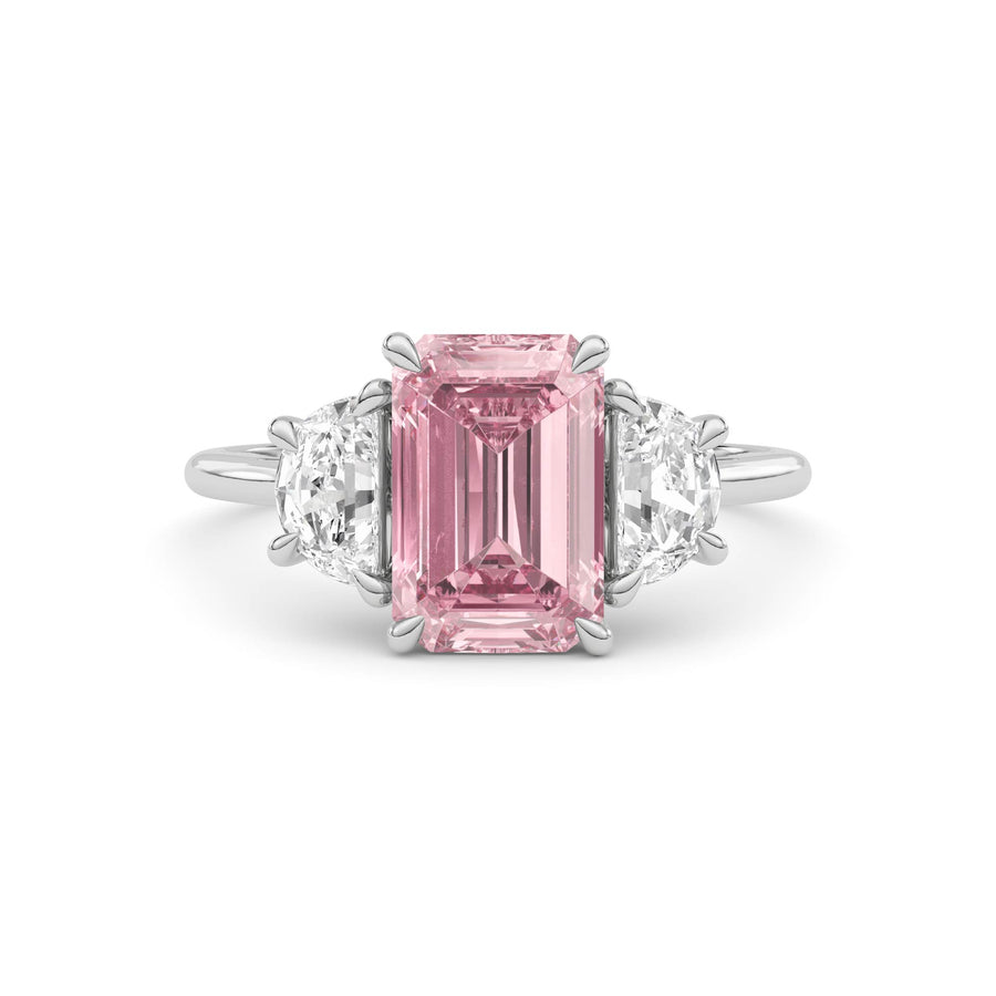 White gold Three-Stone Fancy Pink Emerald Cut Diamond Ring with Half Moon Side Stones