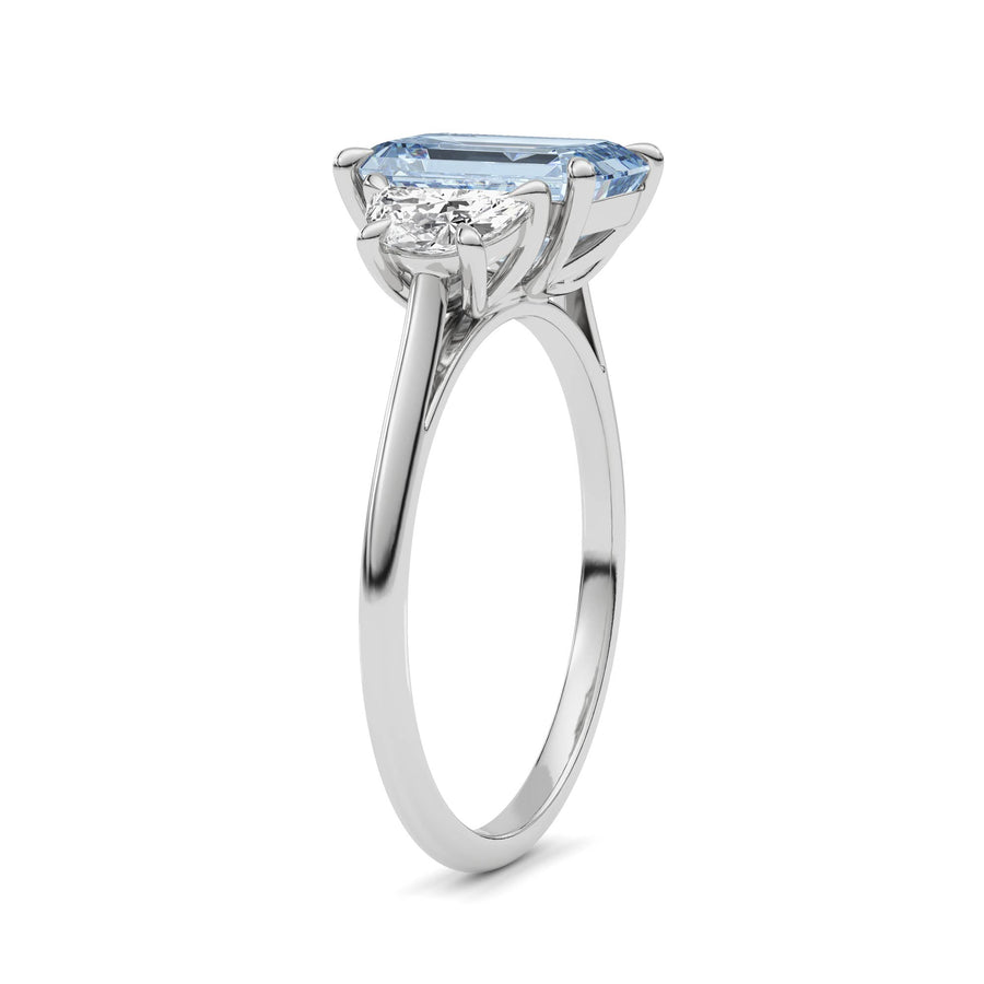 White gold Three-Stone Fancy Blue Emerald Cut Diamond Ring with Half Moon Side Stones