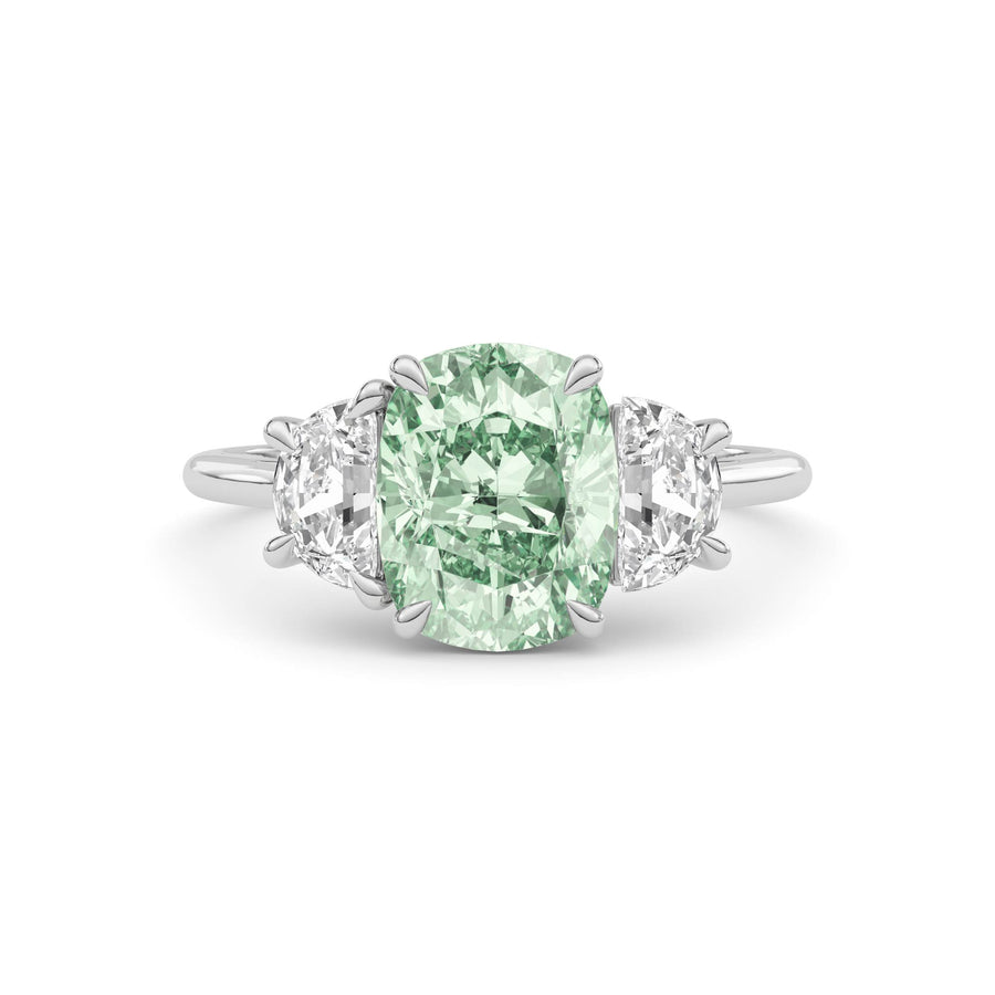White gold Three-Stone Fancy Green Cushion Cut Diamond Ring with Half Moon Side Stones