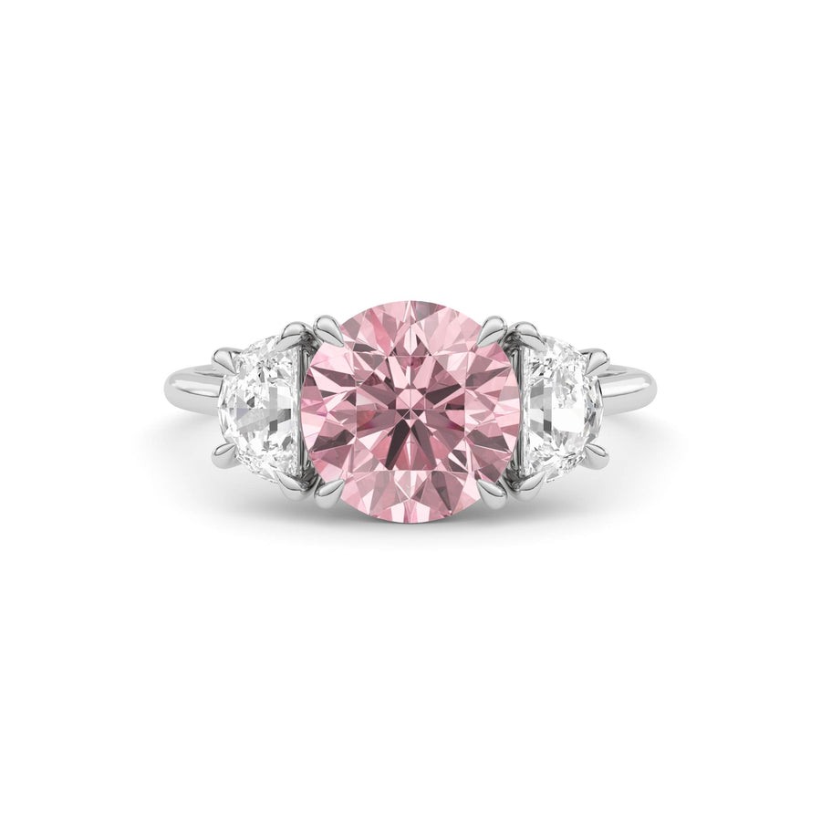 Silver Three-Stone Fancy Pink Round Cut Diamond Ring with Half Moon Side Stones