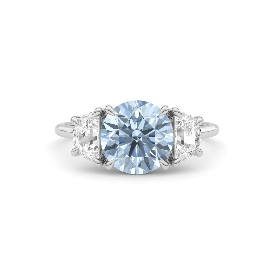 Silver Three-Stone Fancy Blue Round Cut Diamond Ring with Half Moon Side Stones