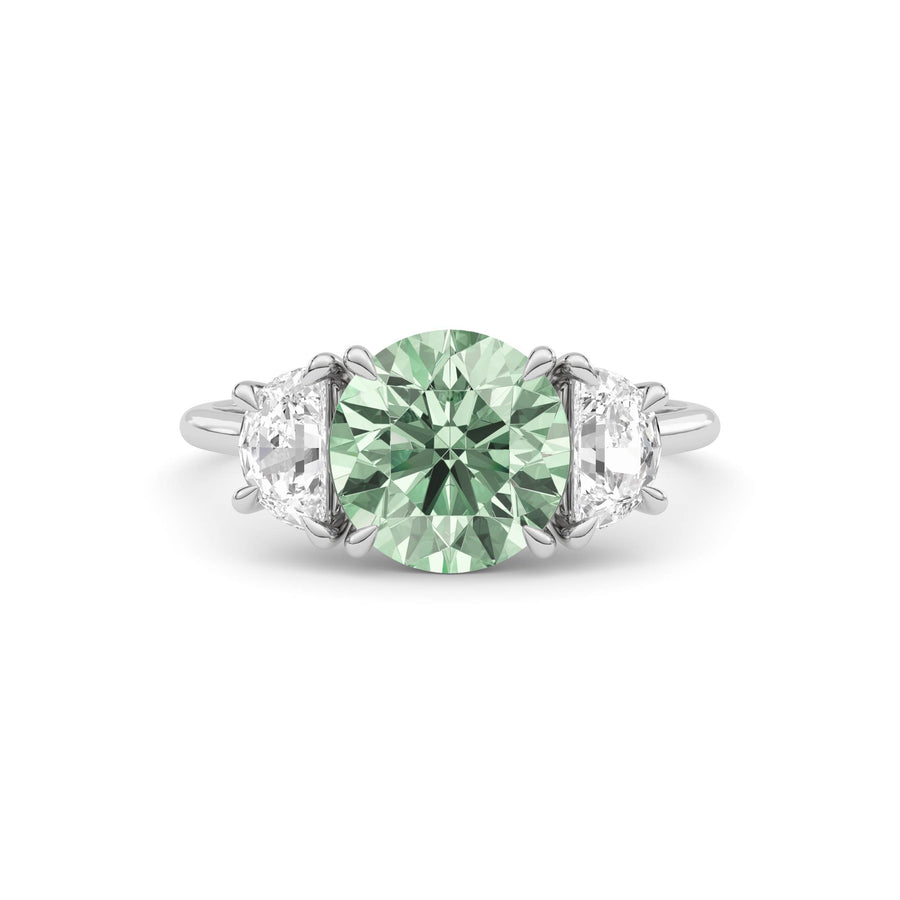 Silver Three-Stone Fancy Green Round Cut Diamond Ring with Half Moon Side Stones