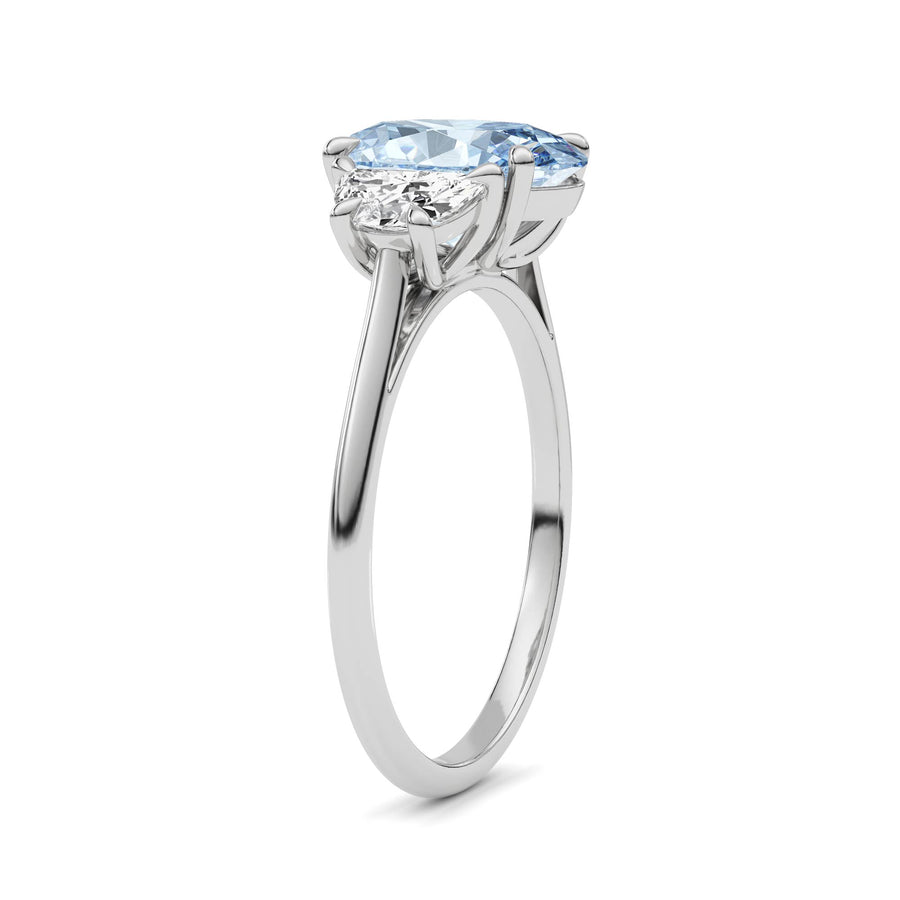 Silver Three-Stone Fancy Blue Oval Cut Diamond Ring with Half Moon Side Stones