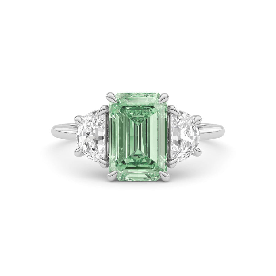 Silver Three-Stone Fancy Green Emerald Cut Diamond Ring with Half Moon Side Stones