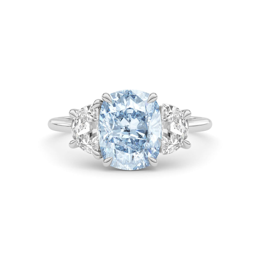 Silver Three-Stone Fancy Blue Cushion Cut Diamond Ring with Half Moon Side Stones