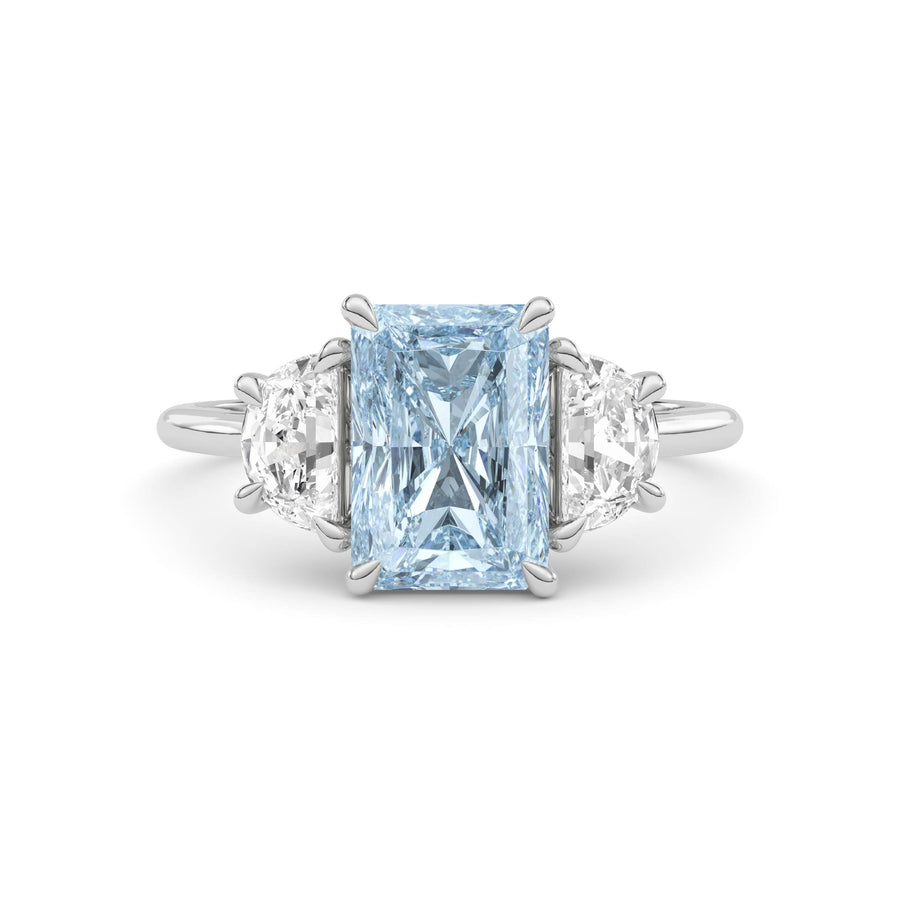 Platinum Three-Stone Fancy Blue Radiant Cut Diamond Ring with Half Moon Side Stones