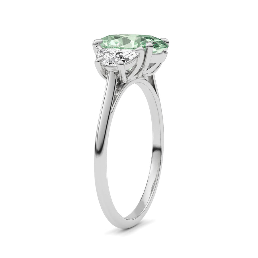 Platinum Three-Stone Fancy Green Oval Cut Diamond Ring with Half Moon Side Stones