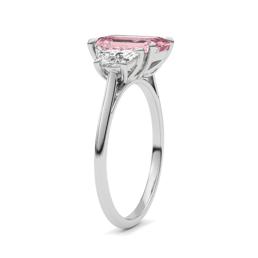 Platinum Three-Stone Fancy Pink Emerald Cut Diamond Ring with Half Moon Side Stones
