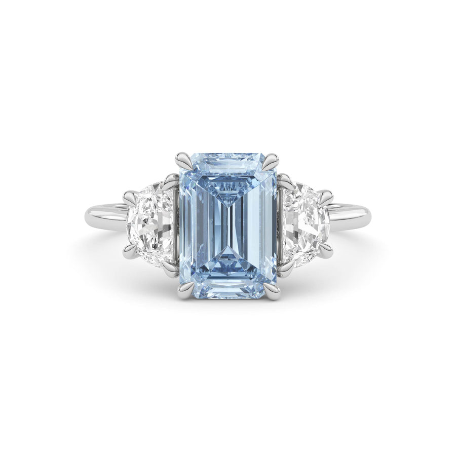 Platinum Three-Stone Fancy Blue Emerald Cut Diamond Ring with Half Moon Side Stones