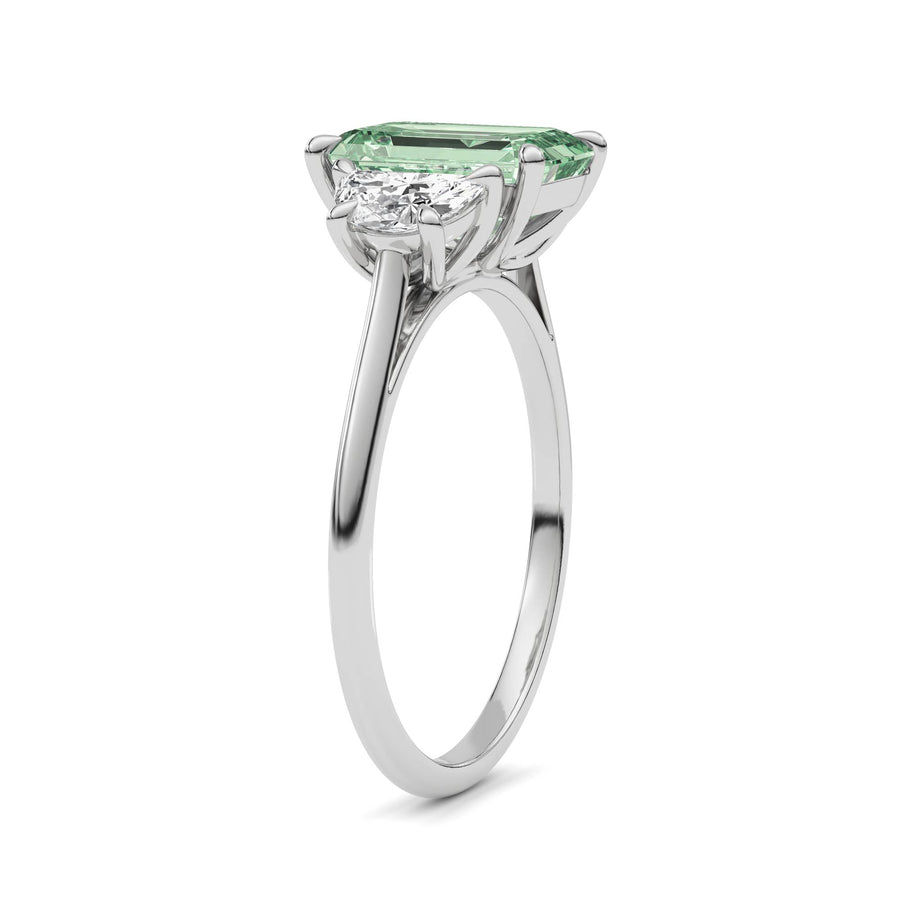 Platinum Three-Stone Fancy Green Emerald Cut Diamond Ring with Half Moon Side Stones