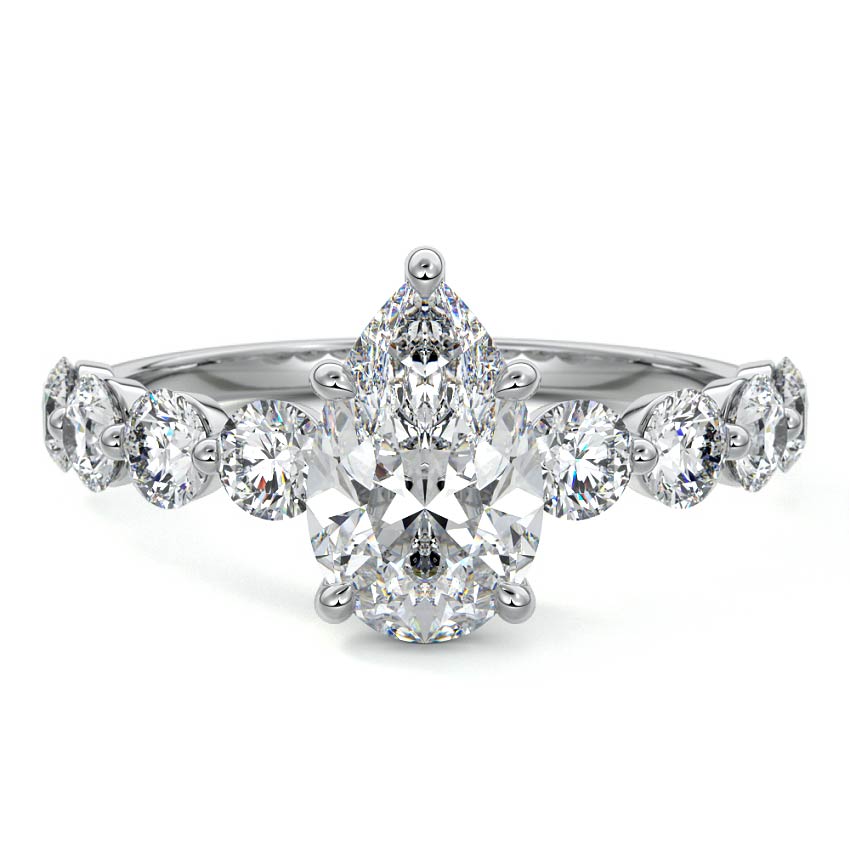 Silver Pear Solitaire Diamond Engagement Ring with Graduated Round Side Stones