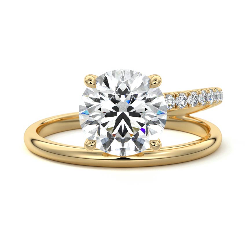 Yellow gold Round Solitaire Diamond Engagement Ring with Twisted Split Shank and Pave Band