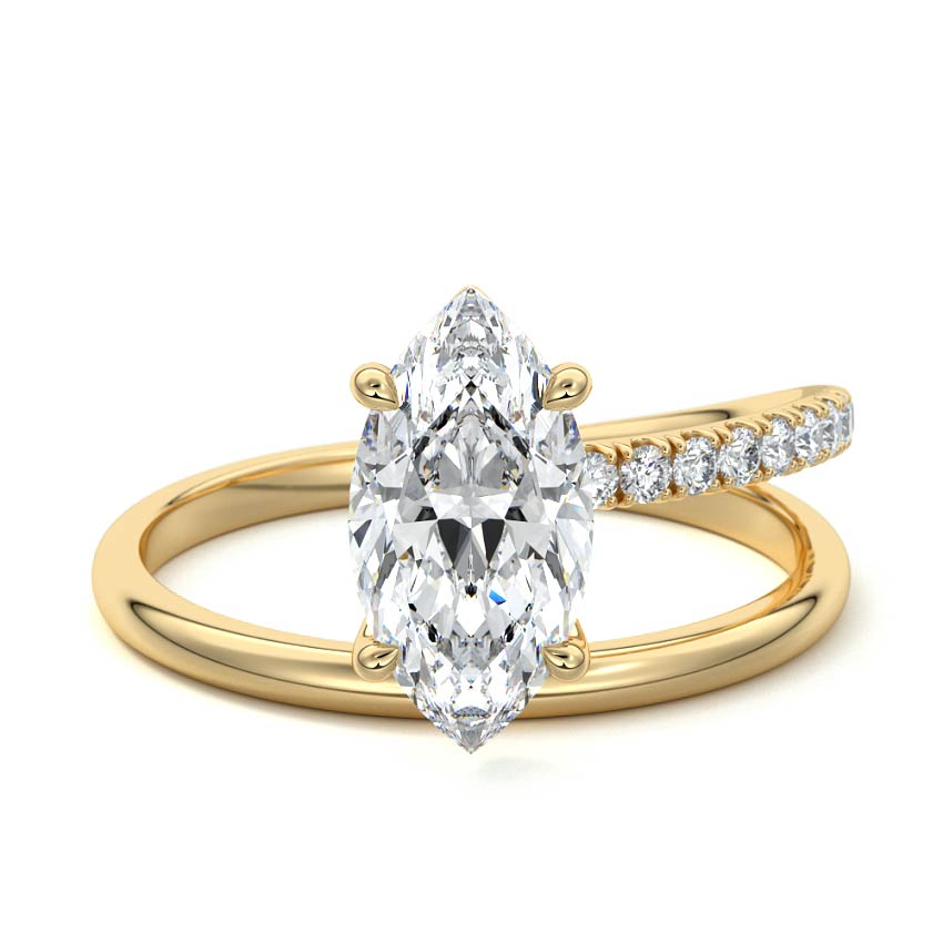 Yellow gold Marquise Solitaire Diamond Engagement Ring with Twisted Split Shank and Pave Band