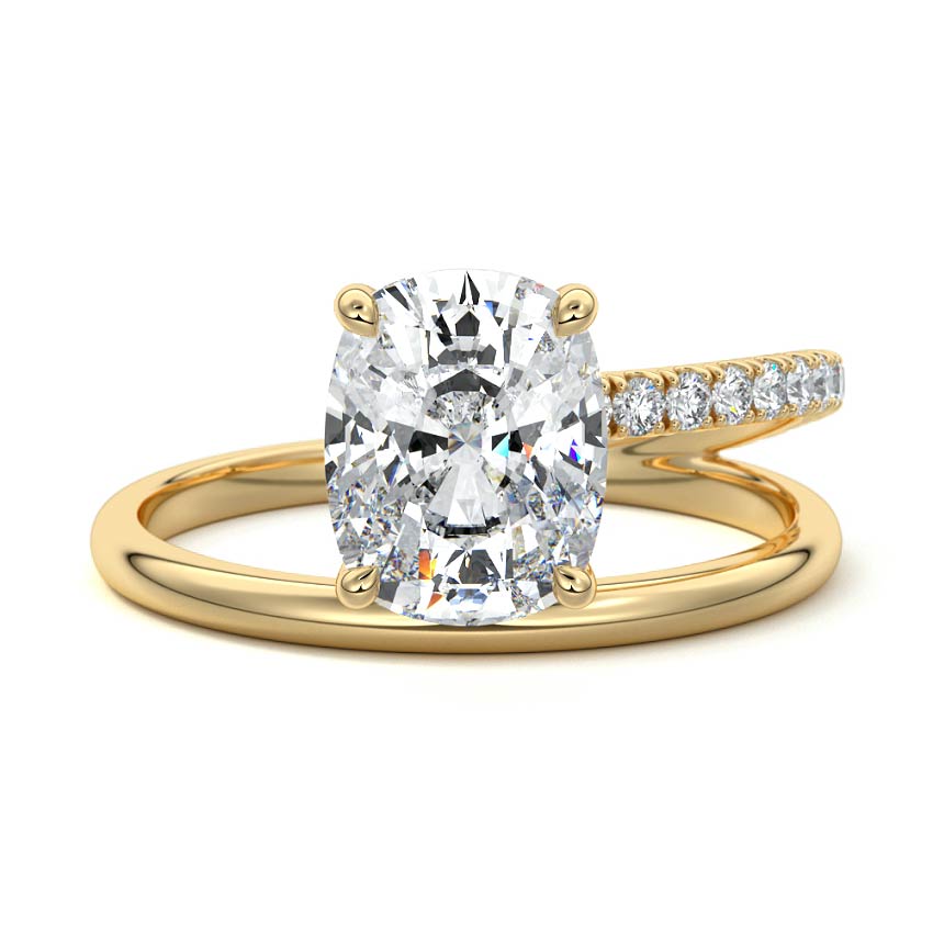 Yellow gold Cushion Solitaire Diamond Engagement Ring with Twisted Split Shank and Pave Band