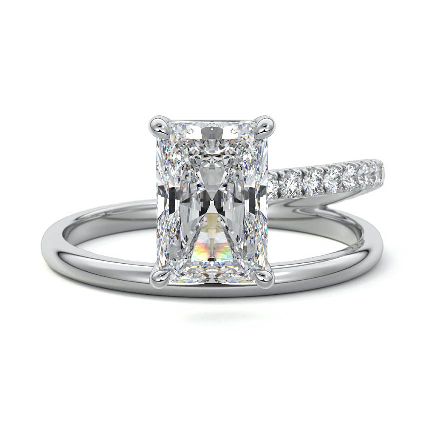 White gold Radiant Solitaire Diamond Engagement Ring with Twisted Split Shank and Pave Band