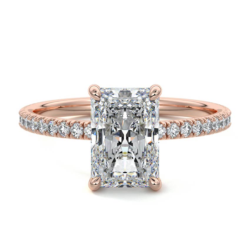 Rose gold Radiant Diamond Engagement Ring with Pavé Band and Hidden Halo
