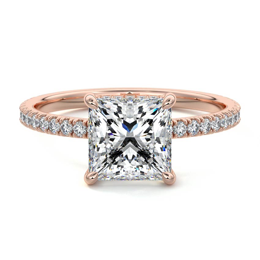Rose gold Princess Diamond Engagement Ring with Pavé Band and Hidden Halo
