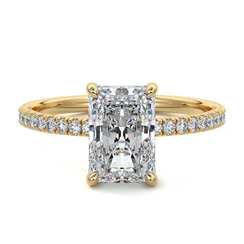 Yellow gold Radiant Diamond Engagement Ring with Pavé Band and Hidden Halo
