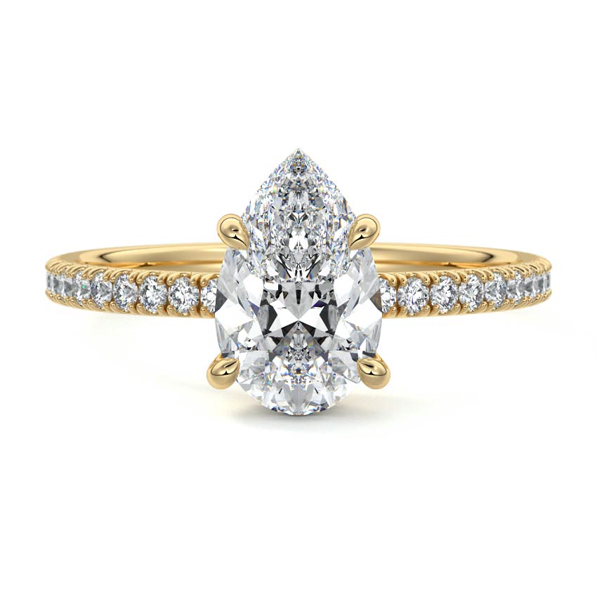 Yellow gold Pear Diamond Engagement Ring with Pavé Band and Hidden Halo