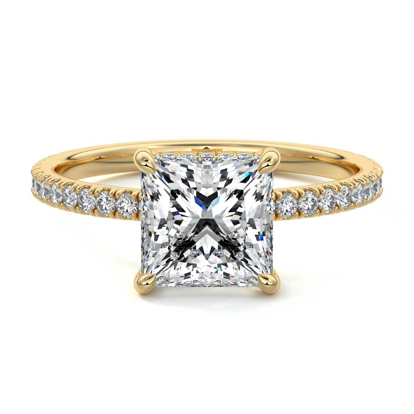 Yellow gold Princess Diamond Engagement Ring with Pavé Band and Hidden Halo