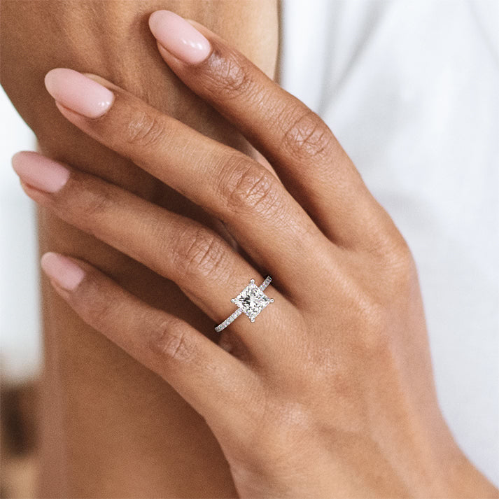 Silver Princess Diamond Engagement Ring with Pavé Band and Hidden Halo