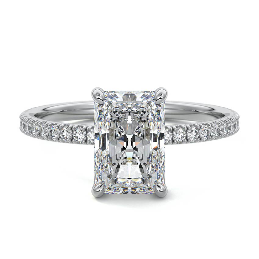 Platinum Radiant Diamond Engagement Ring with Pavé Band and Hidden Halo