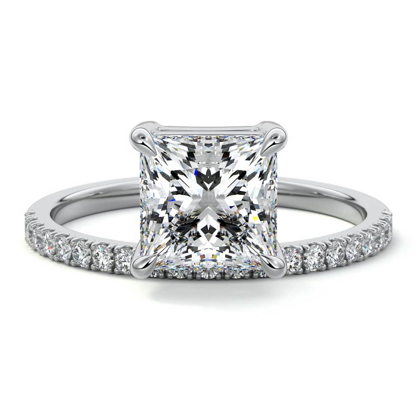 White gold Princess Diamond Solitaire Engagement Ring with Pavé Band Accent
