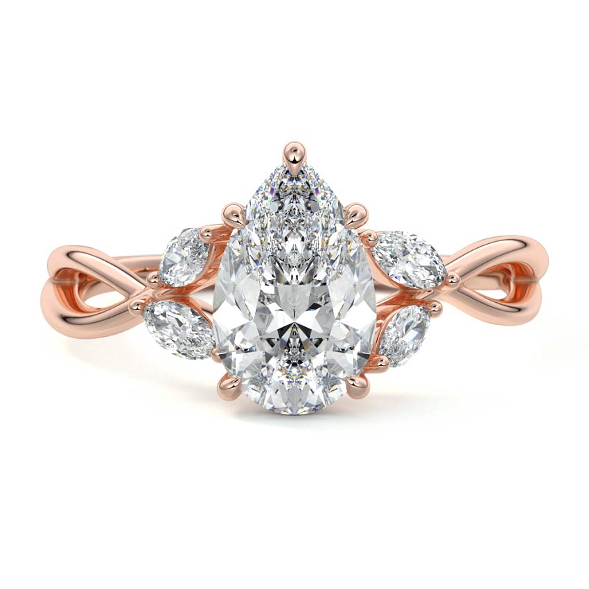 Rose gold Pear Diamond Engagement Ring with Marquise Side Stones and Twisted Band