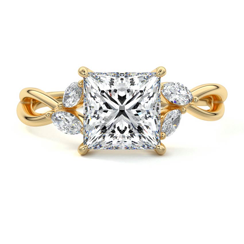 Yellow gold Princess Diamond Engagement Ring with Marquise Side Stones and Twisted Band