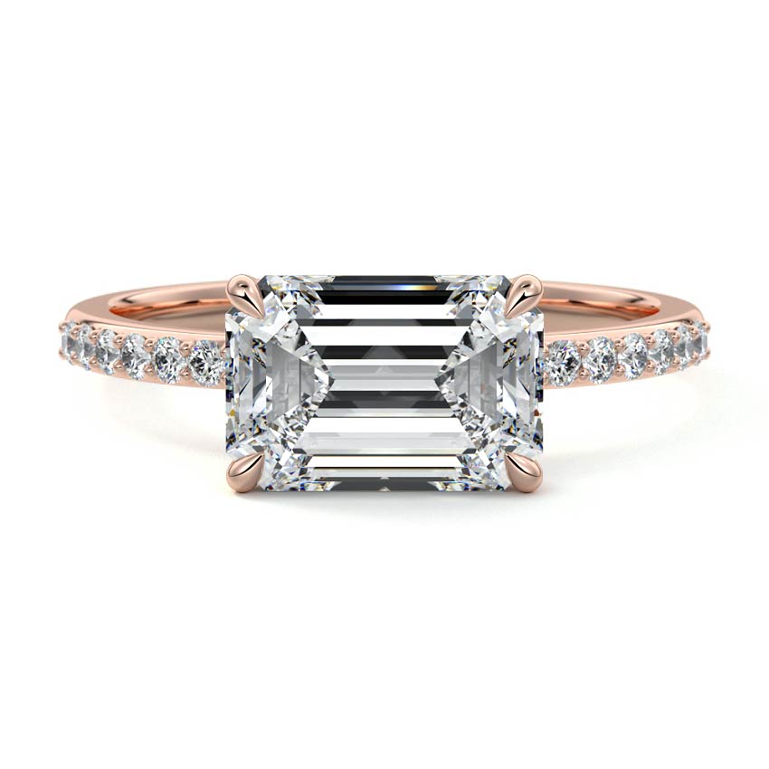 Rose gold Emerald Diamond Solitaire Engagement Ring with Pavé Shank