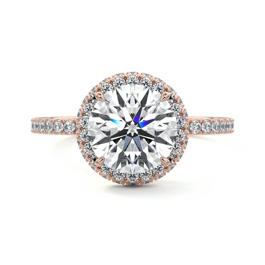 Rose gold Round Diamond Double Halo Engagement Ring with Pave Band