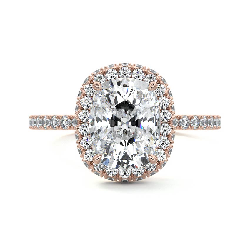 Rose gold Cushion Diamond Double Halo Engagement Ring with Pave Band