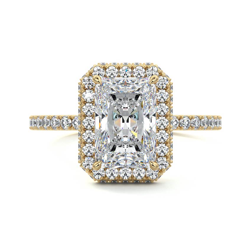 Yellow gold Radiant Diamond Double Halo Engagement Ring with Pave Band