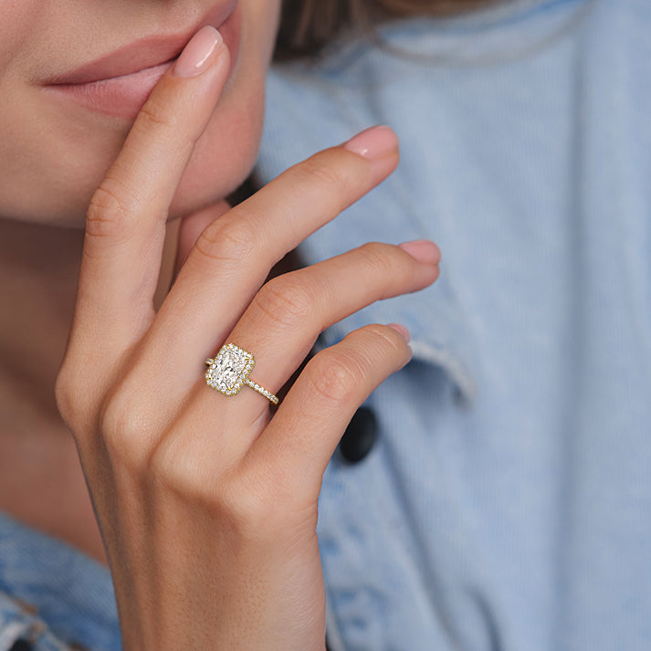 Yellow gold Radiant Diamond Double Halo Engagement Ring with Pave Band